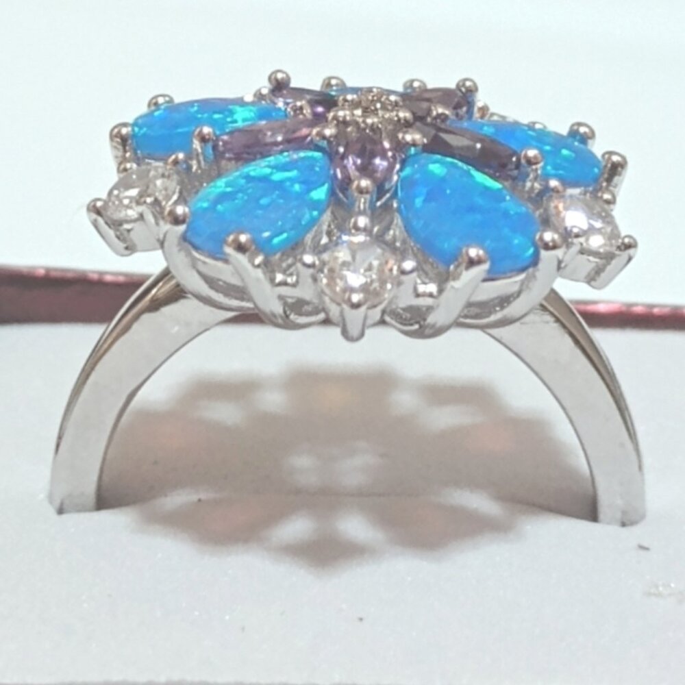 Tri-Stone Amethyst CZ & Opal Fire Women's Flower Wedding Ring Sale, Sz 10